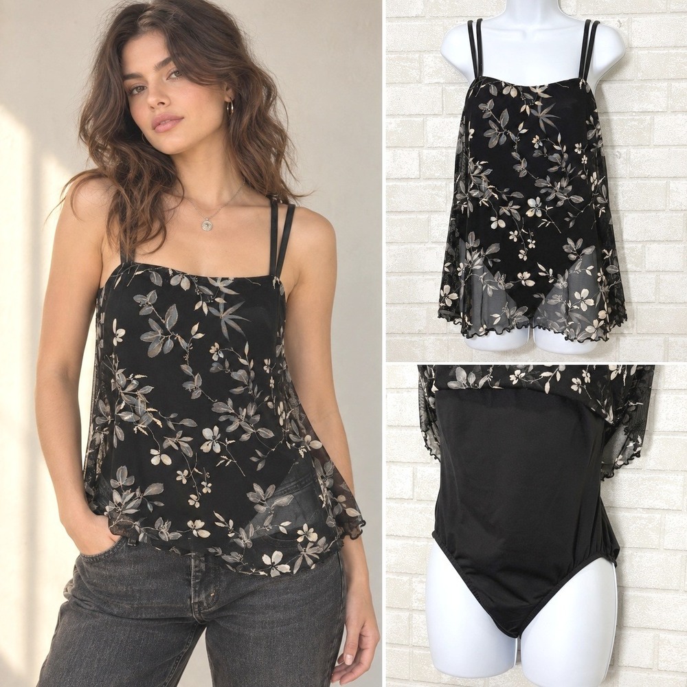 Vintage Black Floral Mesh Whimsigoth Top Size 10 (Fits M) Bodysuit Fairy Grunge
